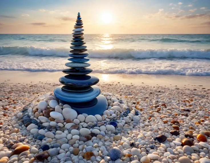 close-up of a majestic beachscape on white sand, a meticulously constructed tower of pebbles, adorned with minerals and agates, ...