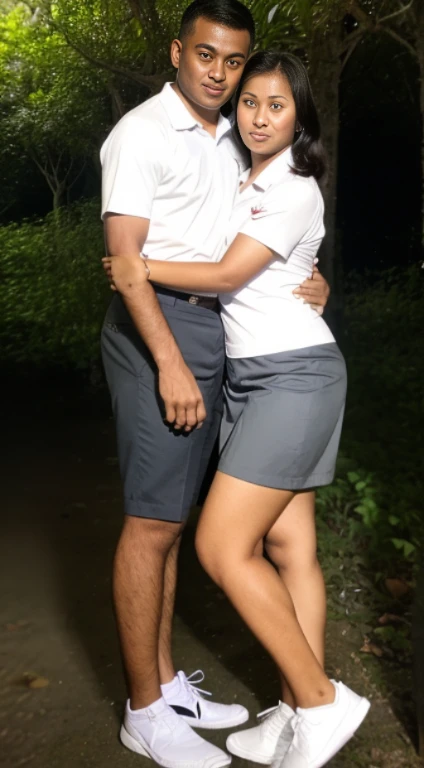 Romantic. Young indonesian Couple. both of them were wearing high school uniforms with white tops and gray bottoms, black nike shoes, (romantic lift hug). detail face. in the dark dense forest