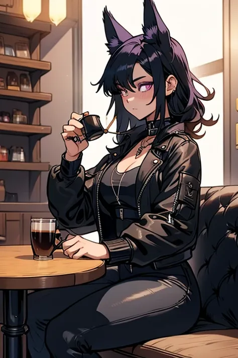 A black haired woman with purple eyes and an hourglass figure with black fox ears and a black fox tail in a cool leather jacket and jean outfit is drinking a tea at a coffee shop