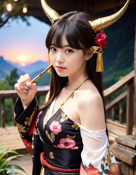 ((Dark world)),Professional , masterpiece、highest quality、Photo Real , Depth of written boundary 、（Sexy pose）、(A black maple tree in full bloom),（Ultimate beauty）、Black-haired、Mystical Expressions、（Shrine Background)、（Beautifully patterned kimono）、（Night B...