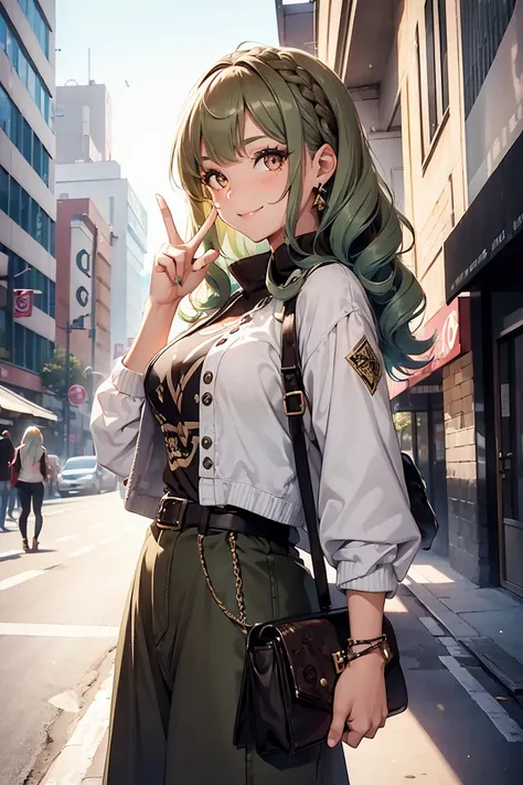 ((1 girl)), Latest Trends in Clothing, peace sign, snap shot, A big smile, Traveler, Street fashion,Cowboy Shot,((Very detailed,highest quality, High resolution, 8k wallpaper, Beautiful clothes,)),((Ash green hair, Middle Hair)), Ringlet,eye shadow, ((eyel...