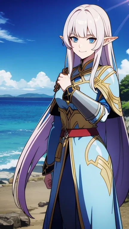 A woman，pointed elven ears。Warrior-like，Magical and mysterious，meticulous，Wearing blue armor，cloak，Jewelry，Standing，Smiling emoticon，ocean，Sea，Sunlight，Some soldiers in armor followed behind him.，