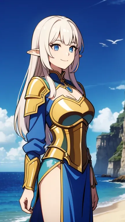 A woman，pointed elven ears。Warrior-like，Magical and mysterious，meticulous，Wearing blue armor，cloak，Jewelry，Standing，Smiling emoticon，ocean，Sea，Sunlight，Some soldiers in armor followed behind him.，