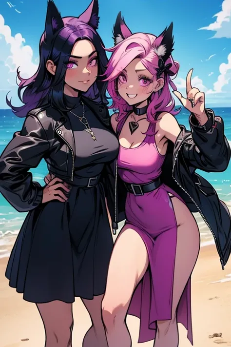 A black haired woman with purple eyes and an hourglass figure with black fox ears and a black fox tail in a cool leather jacket and jean outfit is taking a selfie with a pink haired woman with violet eyes and an hourglass figure in a cute summer dress at t...