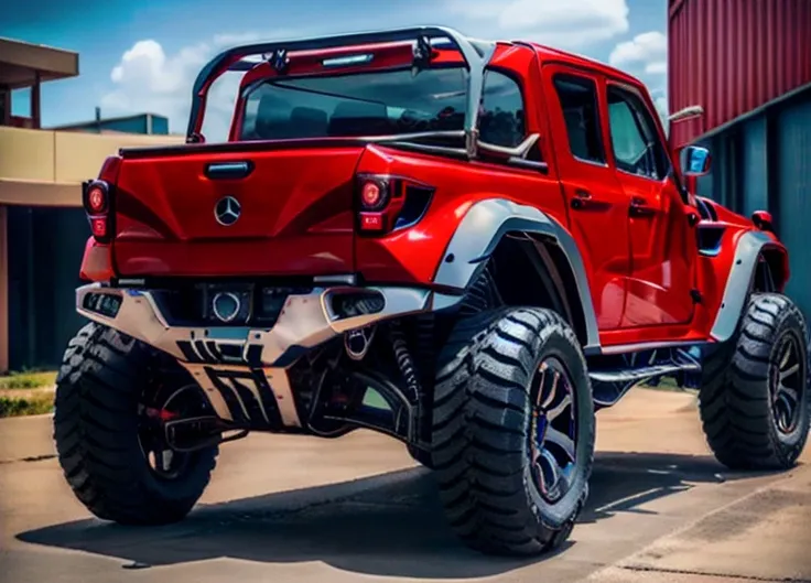 UP vehicles, Mercedes，Ferrari red,SUV, off-road， With sports rim 17, Tires 215, reduce, With chrome exhaust pipe, dark windows, Raised hood, high resolution