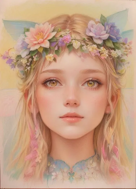 Painting of a woman with a flower crown on her head, portrait of a fairy, girl with flower head, portrait of a fairy, inspired by Greta Jürgens, Persephone in spring, portrait of a Scandinavian girl, fairy teen girl, color pencil sketch, color pencil sketc...