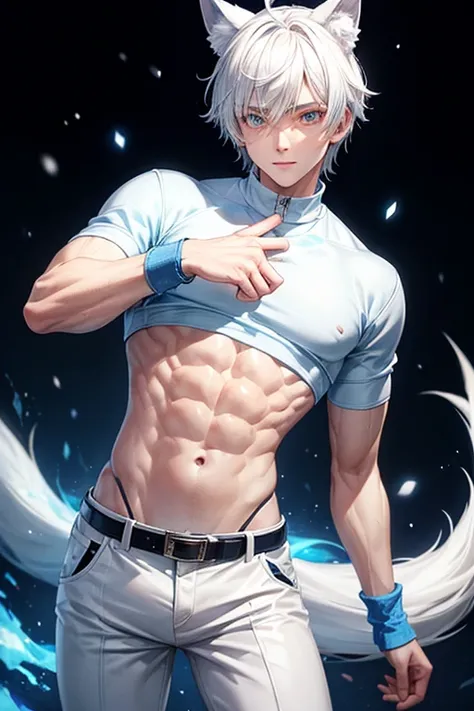 Boy with slim muscular build blue sweatshirt without sleeves snow print wolf ears bluish white hair white pants black leather belt Alaskan background 