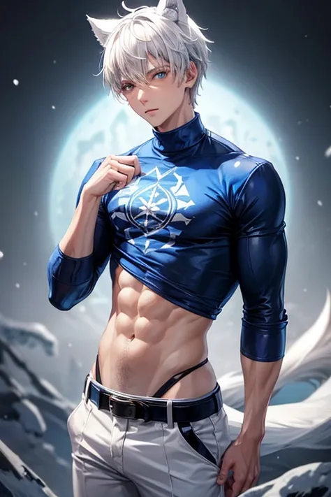 Boy with slim muscular build blue sweatshirt without sleeves snow print wolf ears bluish white hair white pants black leather belt Alaskan background 