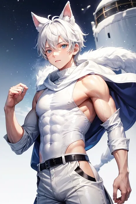 Boy with slim muscular build white sleeveless sweatshirt snow print hare ears bluish white hair white pants black leather belt Alaska background 