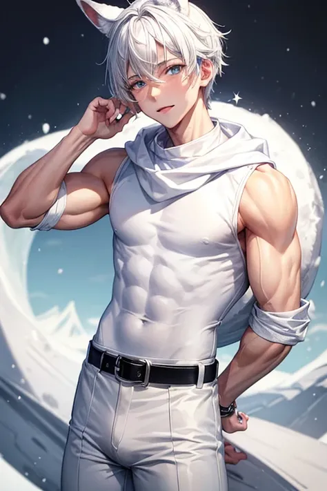 Boy with slim muscular build white sleeveless sweatshirt snow print hare ears bluish white hair white pants black leather belt Alaska background 