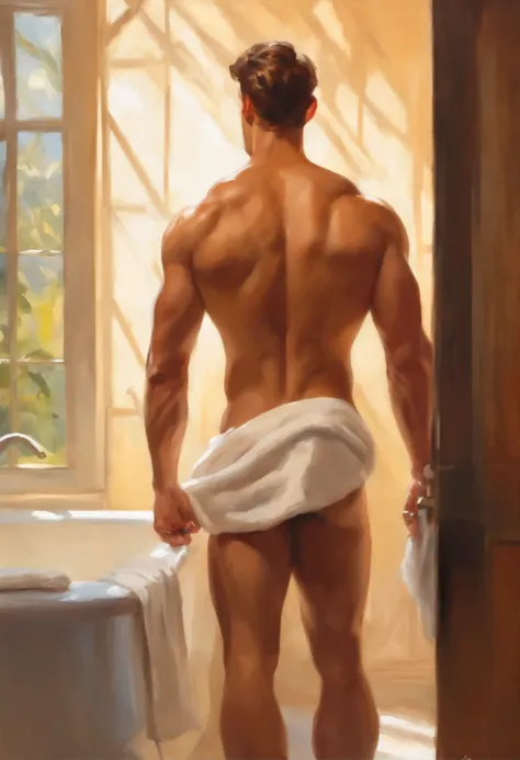 sketch, 20 yo male figure study, young muscle-bound jock, standing, full stocky body, completely naked, totally , , sans clothing, au natural, covering crotch with a white towel, bare butt, crowded gym shower with spraying showers and showering men in back...