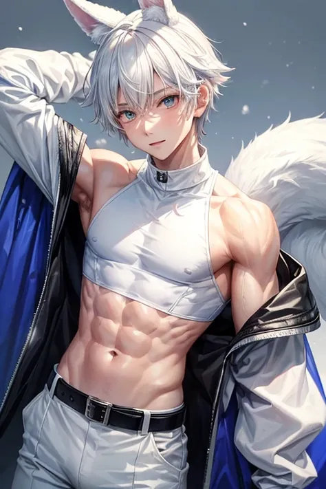 Boy with slim muscular build white sleeveless sweatshirt snow print hare ears bluish white hair white pants black leather belt Alaska background 