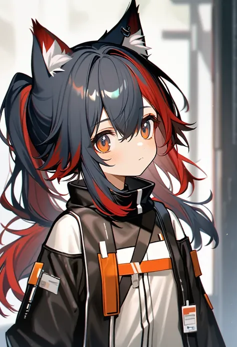 texas (arknights), black ponytail hair, wolf ears, long ponytail hair, wolf ears, bangs, animal ear_fluff, hair between_eyes, multicolored hair, red hair, upper body, two-tone hair, brown eyes, small breast,, chil, petty, 