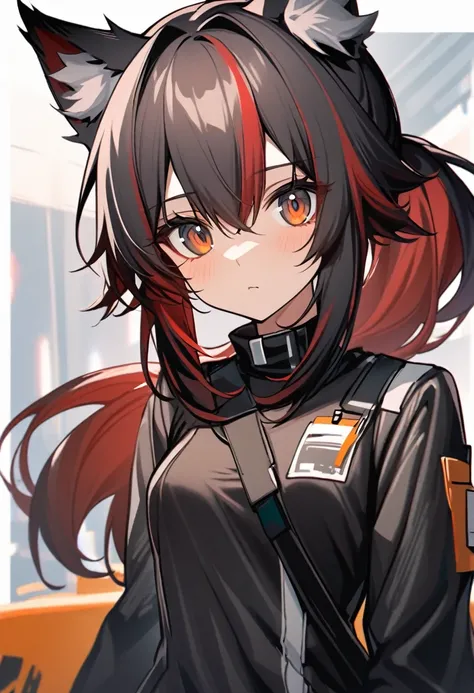 texas (arknights), black ponytail hair, wolf ears, long ponytail hair, wolf ears, bangs, animal ear_fluff, hair between_eyes, multicolored hair, red hair, upper body, two-tone hair, brown eyes, small breast,, , petty, 1girl solo only