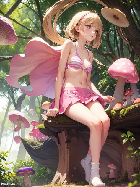 1girl, cute, teen, slender, round face shape with angular jaw, blonde with bangs, grey eyes, bikini top, picking wet pink colorful mushrooms in a celestial forest, sunshine, stripe socks, pink skirt, hhorny touch, windy