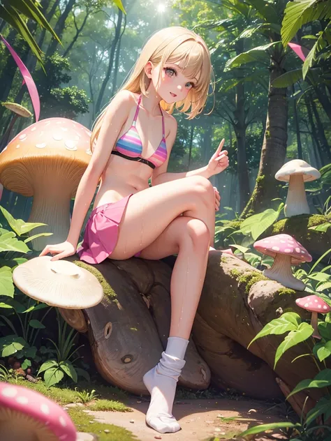 1girl, cute, teen, slender, round face shape with angular jaw, blonde with bangs, grey eyes, bikini top, picking wet pink colorful mushrooms in a celestial forest, sunshine, stripe socks, pink skirt, hhorny touch, windy