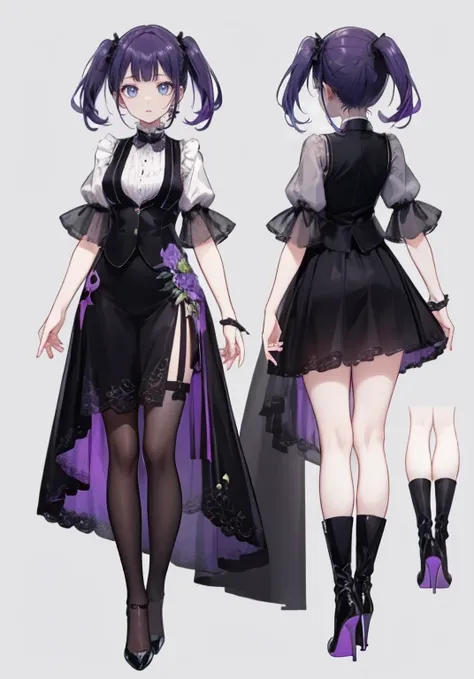 ((Perfect Face)),Purple Hair,,woman,,,Black vest,,slit,skirt,High heels,,((Simple light color background)),((smile)),((Full Body)),((full body)),Character portrait,Character sheet,upright,