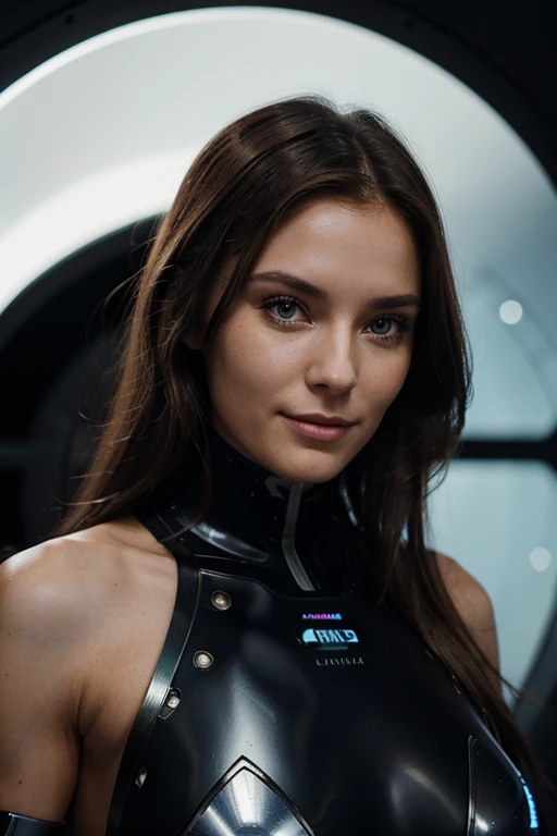 une magnifique cyborg féminine futuriste en armure métallique avec un visage humain souriant réaliste, 35 ans, long shoulder-length brown hair, des yeux clairs, debout dans un vaisseau spatial