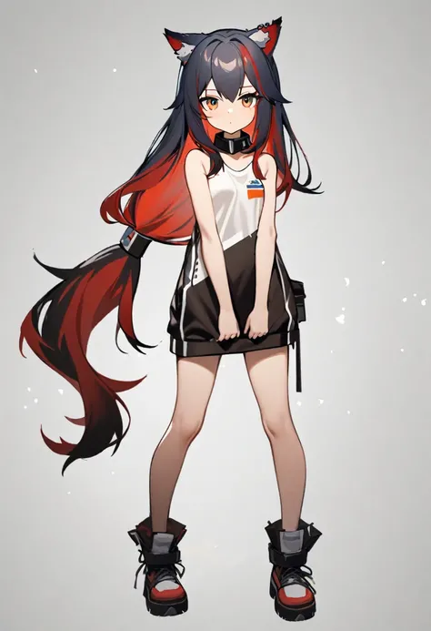 texas (arknights), black ponytail hair, wolf ears, long ponytail hair, wolf ears, bangs, animal ear_fluff, hair between_eyes, multicolored hair, red hair, full body, two-tone hair, brown eyes, small breast, petty, 1girl solo only, no clothing, looking at t...