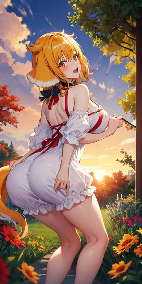 masterpiece, best quality, roxanne, dog ears, fluffy dog ears, collar, sundress, looking at viewer, garden, autumn, sunset, large breasts, ass, smile edgYSD, woman wearing a sundress, very voluminous very fluffy very long dog tail, dog tail starts immediat...