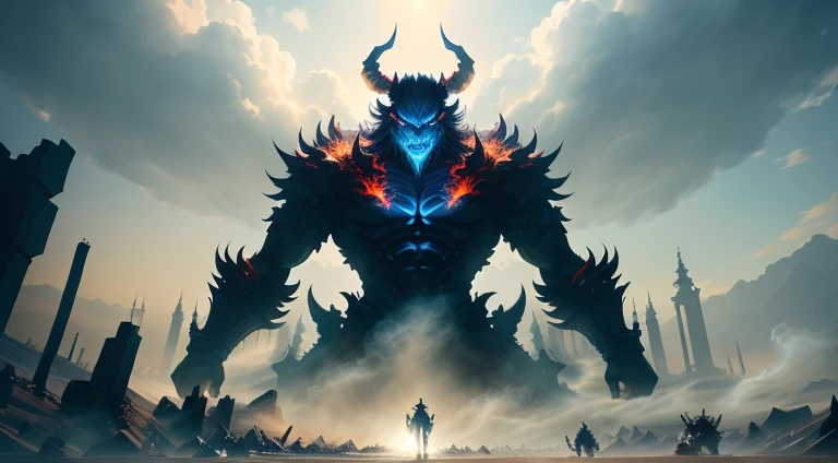 Anime characters stand in front of giant demons surrounded by smoke, Epic fantasy digital art style,