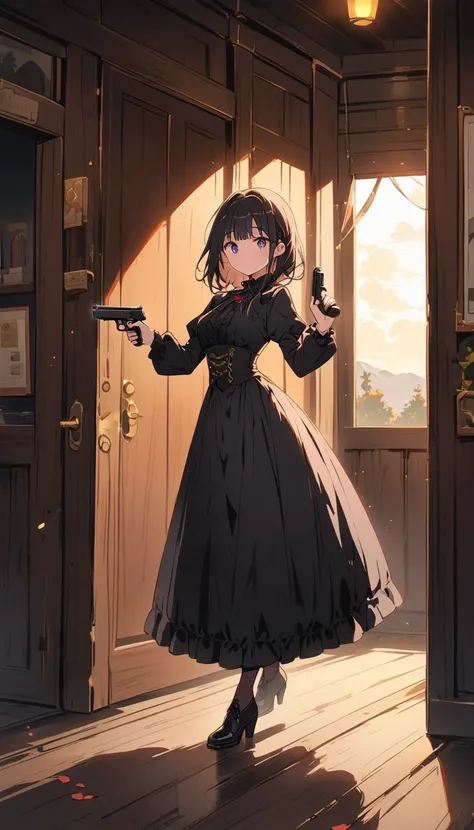 1 beautiful girl、Rin々A funny expression、(black victorian dress:1.4、Formal wear)、(Jewelry decoration)、(familiar:1.2)、(Dual pistols:1.6)、Action pose、Cool pose、Low waist posture、Complex skirt、steampunk、Full Body, (highest quality、masterpiece、High resolution、d...