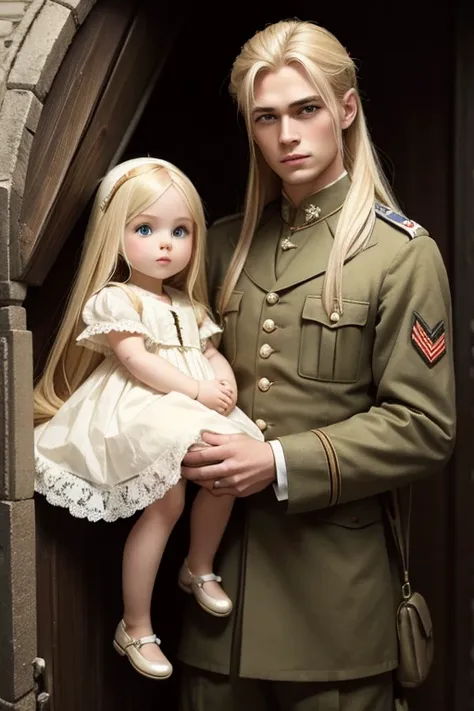 man blonde long hair soldier and woman blonde hair with baby doll dress 1920