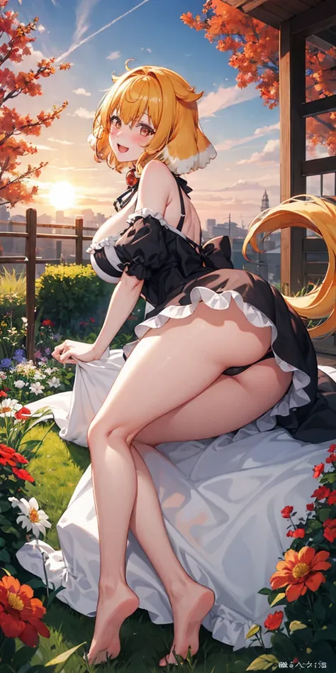 masterpiece, best quality, roxanne, dog ears, fluffy dog ears, collar, sundress, looking at viewer, garden, autumn, sunset, large breasts, ass, smile edgYSD, woman wearing a sundress, very voluminous very fluffy very long dog tail, dog tail starts immediat...