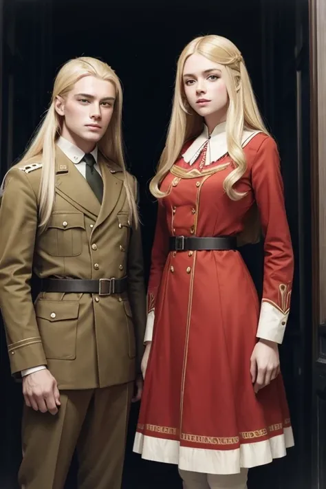 man blonde long hair soldier and woman blonde hair with dress red 1920