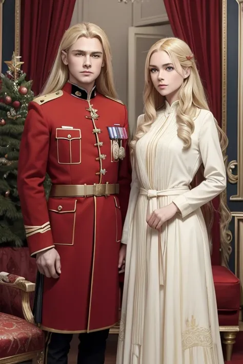 man blonde long hair soldier and woman blonde hair with dress red 1920