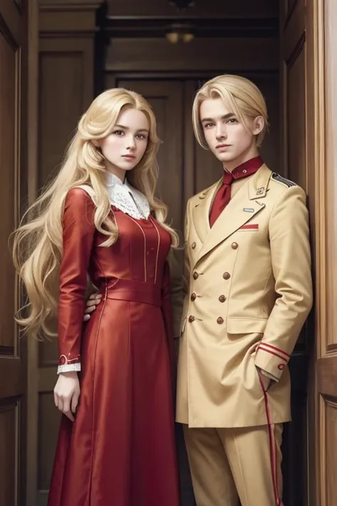 man blonde long hair soldier and woman blonde hair with dress red 1920