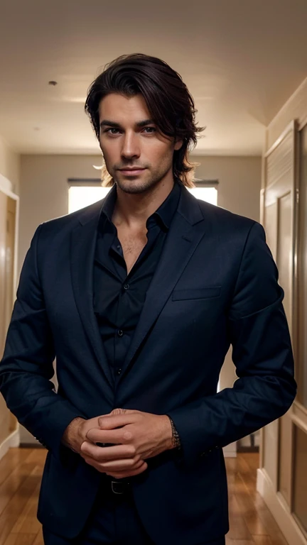 Lucas is a tall man, ceo e empresario , com uma postura de homem de negocio . Your hair is dark and slightly wavy, cortados de forma elegante e profissional. His eyes are a deep shade of blue, capable of transmitting intensity and mystery. 