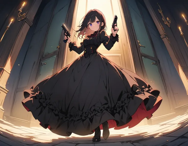 1 beautiful girl、Rin々A funny expression、(black victorian dress:1.4、Formal wear)、(Jewelry decoration)、(familiar:1.2)、(Dual pistols:1.6)、Action pose、Cool pose、Low waist posture、Complex skirt、steampunk、Full Body, (highest quality、masterpiece、High resolution、d...