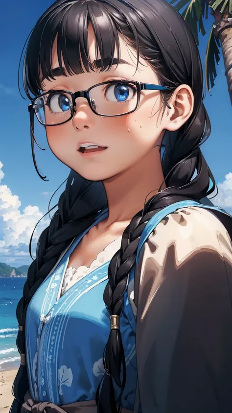 8K quality,(super masterpiece:1.3),highest quality,Detailed Images,1 female,symmetrical beauty,20th Generation,Medium build(Black Hair,Curly Hair,With bangs,Two braids),(Thick eyebrows,Thick eyebrows),(Blue Eyes,blue eyes),(Rimless Glasses,Thin-rimmed glas...