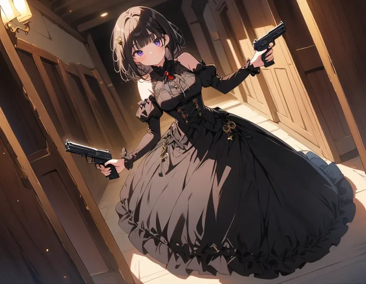 1 beautiful girl、Rin々A funny expression、(black victorian dress:1.4、Formal wear)、(Jewelry decoration)、(familiar:1.2)、(Dual pistols:1.6)、Action pose、Cool pose、Low waist posture、Complex skirt、steampunk、Full Body, (highest quality、masterpiece、High resolution、d...