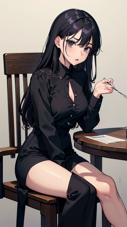 最high quality、Best image quality、masterpiece、Teenage Girl((18-year-old、 By becoming、Best Bust、Medium Bust,Tea that opened my chest wide、black eye, Gray Hair、Long Hair、thin,Highest valley、Black dress shirt、Black recruitment suit,I have the documents、Facing ...