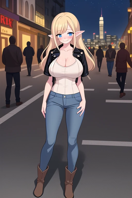 female,full body,pointed ears,long blonde hair,light blue eyes,smiling,black short sleeve leather jacket,clevage,dark blue skinny jeans,brown cowboy boots,slender body,slender arms,slender legs,detailed city streets,night,hands in pockets,breasts, large br...