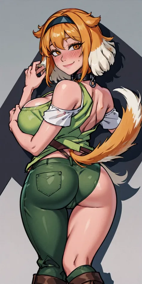 masterpiece, best quality, Roxanne fluffy dog ears collar WEARING green vest, open-back, green pants, boots, black hairband, collar, off-shoulder shirt, cleavage,, looking at viewer, large breasts, ass, smile, woman beast, very fluffy very long dog tail, d...