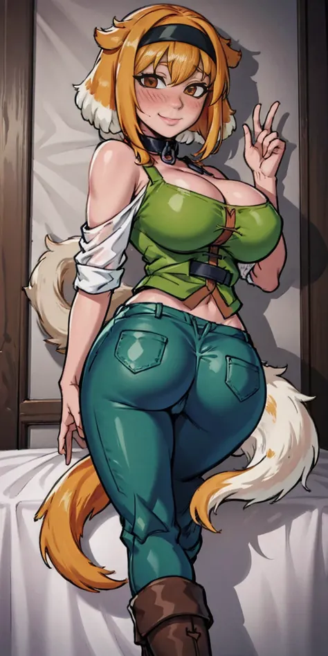 masterpiece, best quality, Roxanne fluffy dog ears collar WEARING green vest, open-back, green pants, boots, black hairband, collar, off-shoulder shirt, cleavage,, looking at viewer, large breasts, ass, smile, woman beast, very fluffy very long dog tail, d...