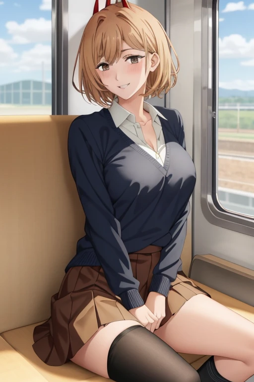 in train, looking viewer, sitting, young, high school student uniform, black skirt, very slender, spread legs, orange/brown(1:1) short hair, 2 horns, opening mouth, smile, sharp eyes, black tights, big boob, blush, cleavage