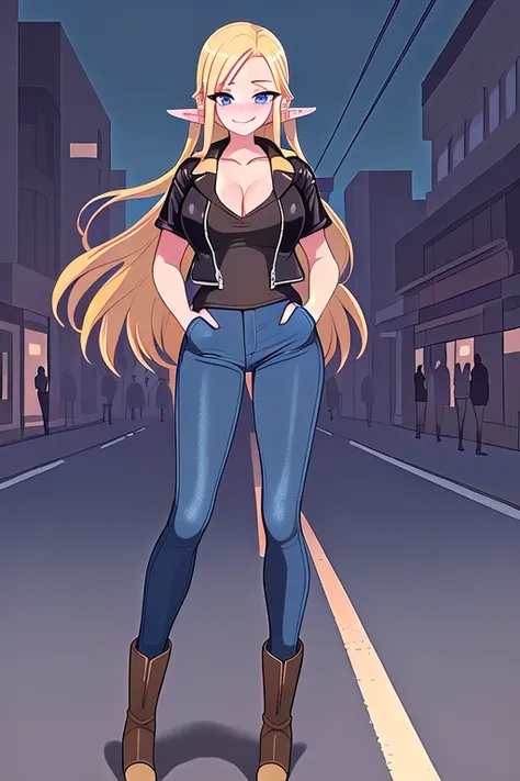 female,((full body)),(((pointed ears))),((((long blonde hair)))),((light blue eyes)),((smiling)),(((black short sleeve leather jacket))),(((clevage))),(((dark blue skinny jeans))),(((brown cowboy boots))),((((slender body)))),((((slender arms)))),((((slend...