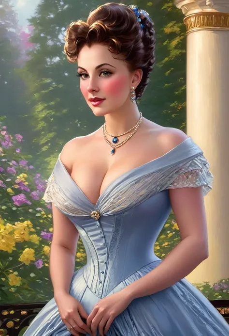 A beautiful Aristacrat woman with large elegant, hawk-like-nose, who embodies old fashioned class, sophistication, elgance as well as wholesome, natural beauty. curvy, thin-waist, wide-hips, swaying-hips. Oppulent historically accurate victorian dress. Gre...