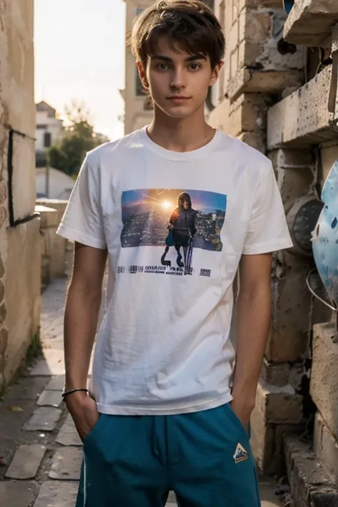 Un homme twink mignon de 19 ans d1m74 assez fin. Il porte un t-shirt multicolore très ample en boule et se cache derrière un mur dans une structure rouillée inconnue. Il a le regard apeuré. There is a light from the sunset reflecting on his skin.