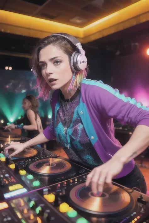 upper body,  female dj, colorful clothes , quirky, vibrant appearance,  playful accessories, creative behavior, imaginative, sensual, spontaneous, dj headphones, viynl mixxing spinning records, music club, night club, indie theaters, people dancing on the ...