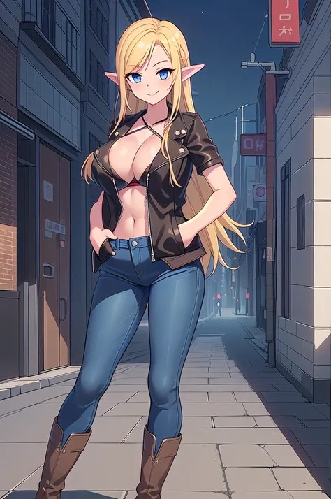 female,((full body)),(((pointed ears))),((((long blonde hair)))),((light blue eyes)),((smiling)),(((black short sleeve leather jacket))),(((clevage))),(((dark blue skinny jeans))),(((brown cowboy boots))),((((slender body)))),((((slender arms)))),((((slend...