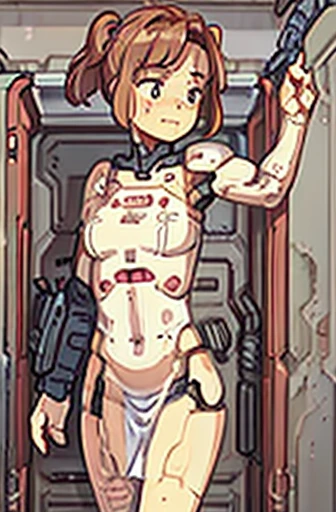 A Female robot is sleeping in a fridge, spread legs, nude, banzai pose. she wears no dress. She Brown short hair is tied with two big red clothespins, She lifts up the under hem of her white plain dress, leaning over, masterpiece, very short pigtails,brown...