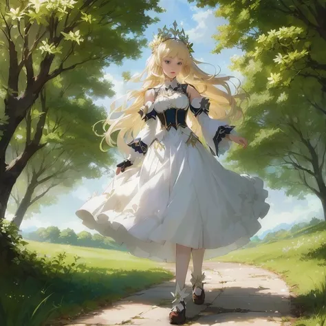 anime girl in a white dress walking down a path in a forest, cushart krenz key art feminine, blonde - haired princess, fey queen of the summer forest, blonde anime girl with long hair, a maid in a magical forest,  in dress, queen of nature, cushart krenz, ...