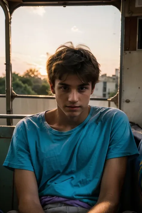 Un homme twink mignon de 19 ans d1m74 assez fin. He wears a very loose multicolored t-shirt in a ball and hides in an abandoned bus. Il a le regard apeuré. There is a light from the sunset reflecting on his skin.