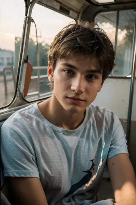 Un homme twink mignon de 19 ans d1m74 assez fin. He wears a very loose multicolored t-shirt in a ball and hides in an abandoned bus. Il a le regard apeuré. There is a light from the sunset reflecting on his skin.