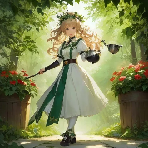 anime girl with a pot and a wand in a garden, a maid in a magical forest, marisa kirisame, cushart krenz key art feminine, alchemist girl, fey queen of the summer forest, a sexy maid in a magical forest, the emerald herald in the garden, portrait of a fore...